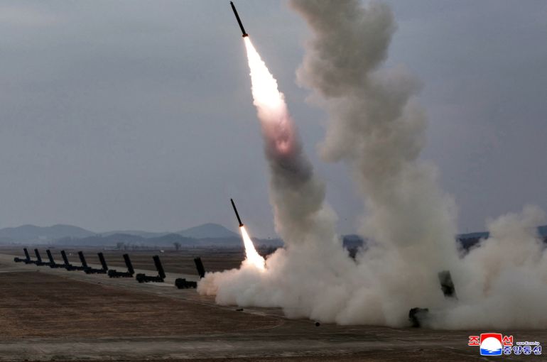 FILE PHOTO: A test-launch of 600 mm-calibre multiple rocket launchers is overseen by North Korean leader Kim Jong Un (not pictured), North Korea, March 14, 2026, in this picture released by North Korea's official Korean Central News Agency. KCNA via REUTERS ATTENTION EDITORS - THIS IMAGE WAS PROVIDED BY A THIRD PARTY. REUTERS IS UNABLE TO INDEPENDENTLY VERIFY THIS IMAGE. NO THIRD PARTY SALES. SOUTH KOREA OUT. NO COMMERCIAL OR EDITORIAL SALES IN SOUTH KOREA./File Photo