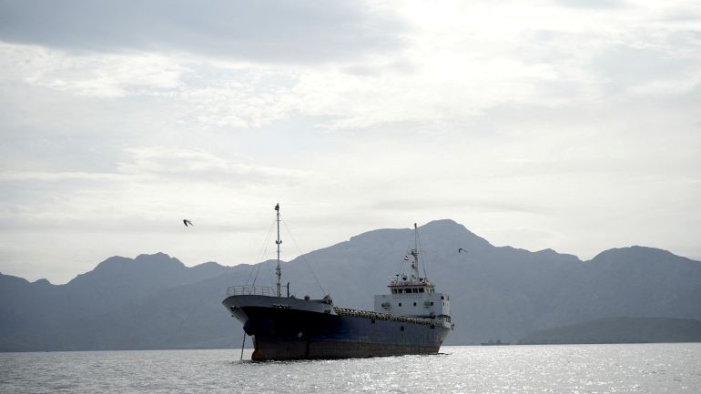 FILE PHOTO: A vessel in the Strait of Hormuz, off the coast of Oman’s Musandam province, April 12, 2026. REUTERS/File Photo