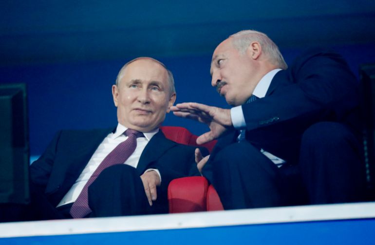 2019 European Games - Closing Ceremony - Dinamo Stadium, Minsk, Belarus - June 30, 2019. President of Russia Vladimir Putin and President of Belarus Alexander Lukashenko speak in the stands during the closing ceremony REUTERS/Vasily Fedosenko