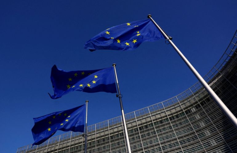FILE PHOTO: European Union flags flutter outside the European Commission headquarters in Brussels, Belgium Februrary 26, 2026. REUTERS/Yves Herman/File Photo