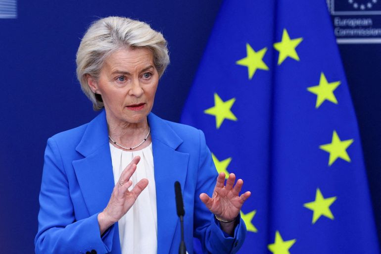 FILE PHOTO: European Commission President Ursula von der Leyen speaks at a press conference in Brussels, Belgium, April 13, 2026. REUTERS/Yves Herman/File Photo
