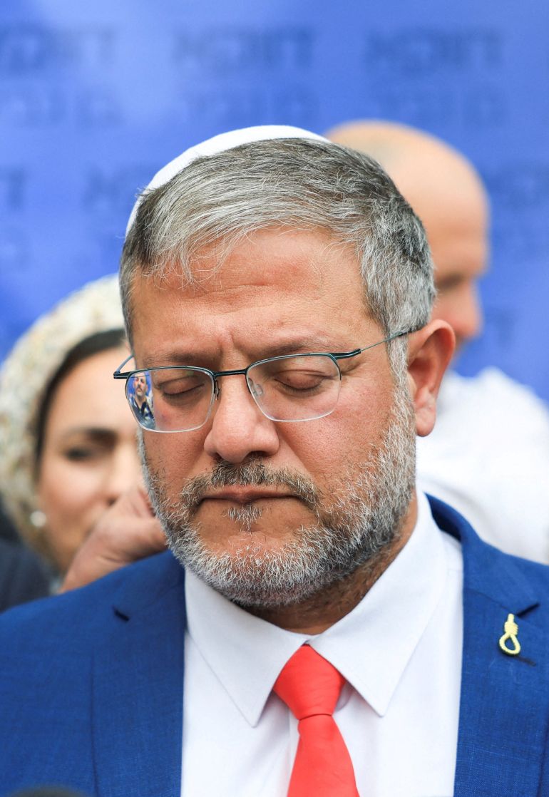 Israeli National Security Minister Itamar Ben-Gvir reacts on the day the Supreme Court hears a petition seeking to force Prime Minister Benjamin Netanyahu to oust Ben-Gvir, in Jerusalem, April 15, 2026. REUTERS/Ronen Zvulun TPX IMAGES OF THE DAY