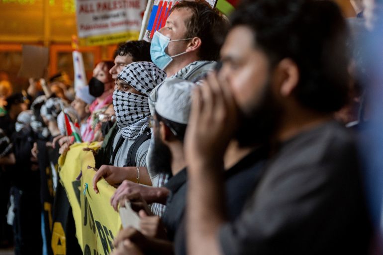 People take part in a Palestinian Prisoner's Day march in New York City, U.S., April 17, 2026. REUTERS/David 'Dee' Delgado