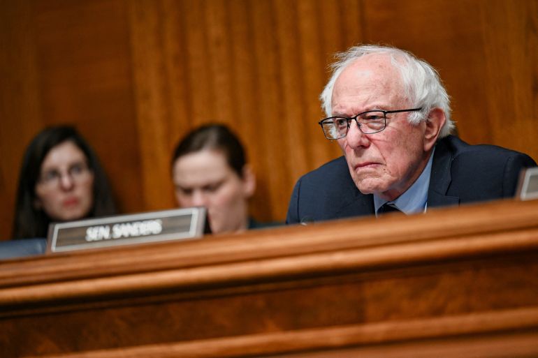 U.S. Senator Bernie Sanders (I-VT) looks on as U.S. Health and Human Services (HHS) Secretary Robert F. Kennedy Jr. testifies before a Senate Health, Education, Labor, and Pensions Committee hearing on U.S. President Donald Trump's budget request for the Department of Health and Human Services on Capitol Hill in Washington, D.C., U.S., April 22, 2026. REUTERS/Annabelle Gordon