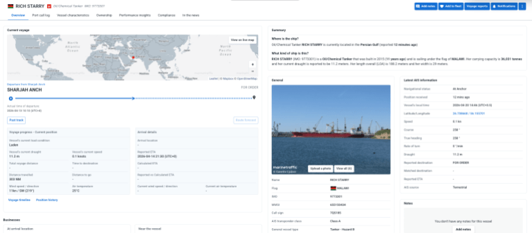 بيانات ملاحية للسفينة ريتش ستاري في مضيق هرمز (مارين ترافيك)