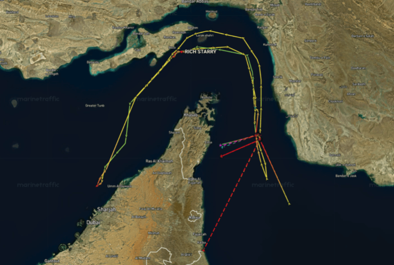 بيانات ملاحية لحركة السفينة ريتش ستاري أثناء حركتها في مضيق هرمز (مارين ترافيك)