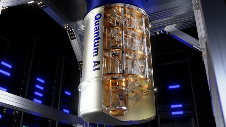 shutte2685484015-1775996721 3d rendered visualization of a quantum computer dedicated for AI. The label "Quantum AI" is printed on the side of the cutaway enclosure.