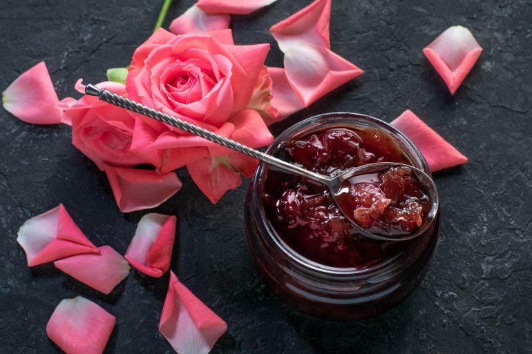 Homemade rose petal jam. Delicious dessert.