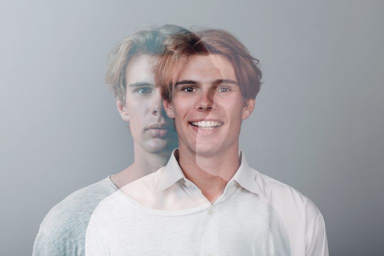 shutterstock_2034483593-1774719661 Multiple exposure portrait of young european caucasian man with positive smile and serious sad facial expression. Mental health, depression and emotions concept; Shutterstock ID 2034483593; purchase_order: aj; job: ; client: ; other: