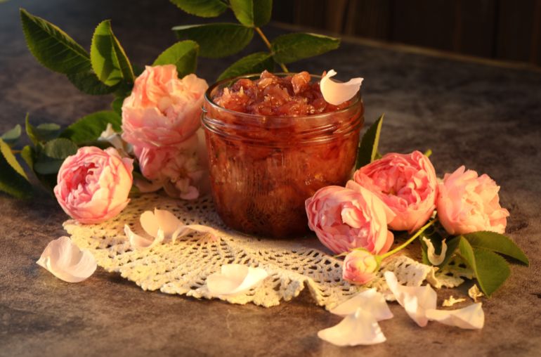 rose petal jam with pink roses