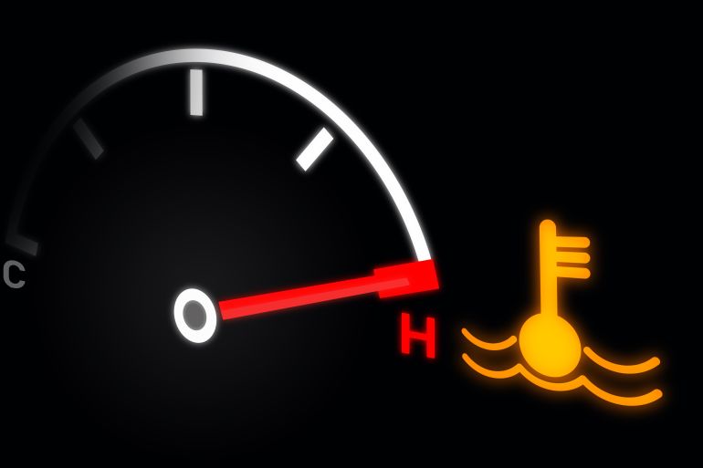 Temperature gauge with engine temperature warning light on a car dashboard. Indicates engine heat and car heat alarm. 3D rendering.