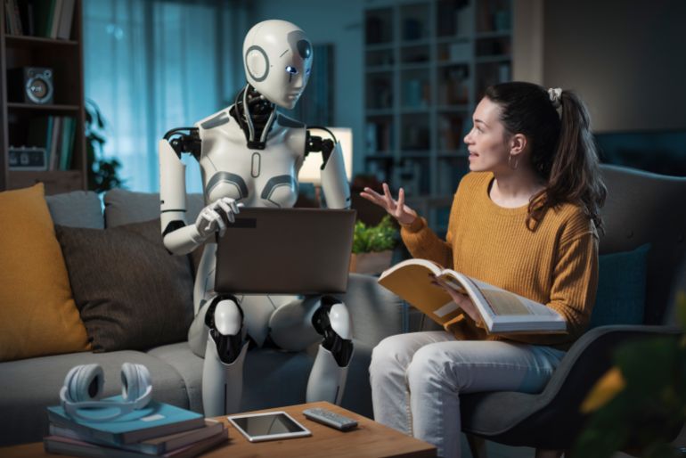 A female person enjoying her smart living room, studying with an AI droid companion and laptop.