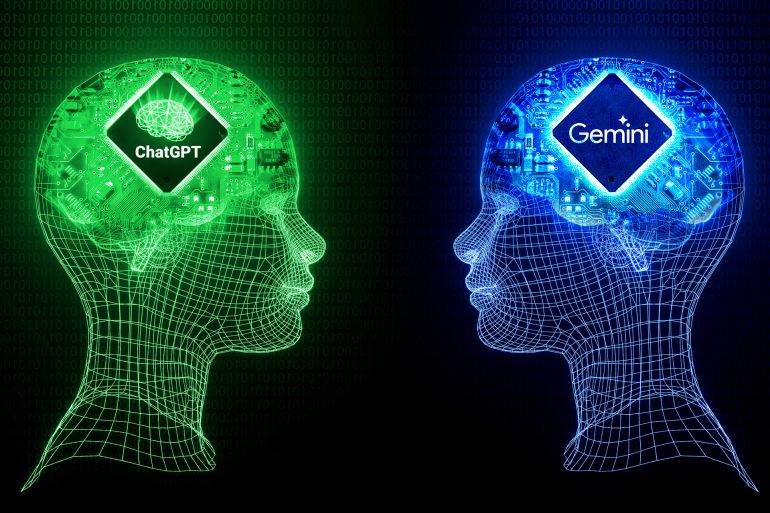 shutterstock_2404727447-1767355807 ChatGPT Vs Gemini, new artificial intelligence tools of modern world concept background. Tech news editorial backdrop design with glowing chip and wireframe heads, 21.12, Pakistan; Shutterstock ID 2404727447; purchase_order: aj; job: ; client: ; other: