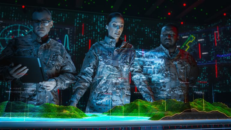 High-Tech Warfare: Military Intelligence Specialists use Holographic Augmented Reality Table Map to Scan Enemy Territory. Army Recoinessance Using Sattelite Surveillance 3D Technology and Analysis