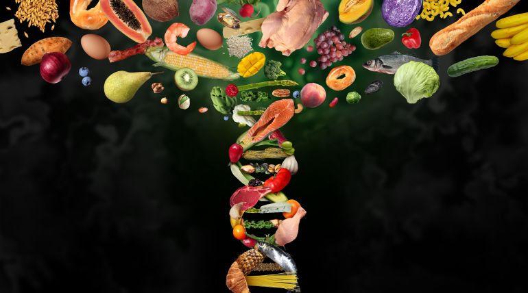 GMO Food science and or Genetically modified foods and crops as engineered agriculture concept as nutrition biotechnology and genetic manipulation through biology sciences as a DNA strand symbol.