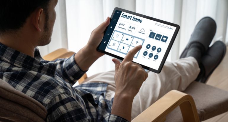 Smart home technology, centric remote control system with digital dashboard for air conditioning, safety security network or house automation. App software, ui panel programming IOT monitor snugly