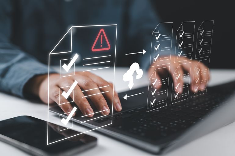 Businessman checking the steps through a virtual online document with a list of checkboxes concepts of practices and policies, company articles of association Terms and Conditions.