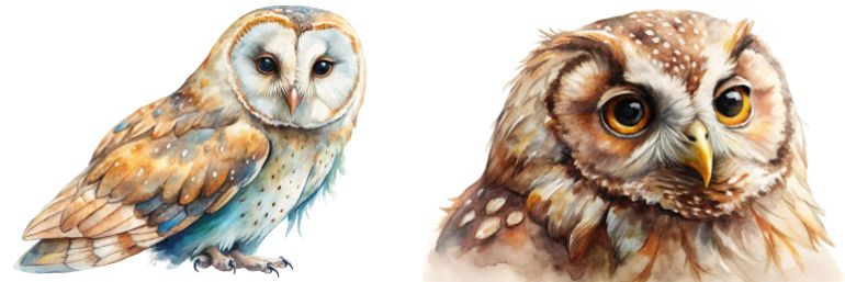 shutterstock_2595741061-1776333326 Realistic watercolor owls, detailed feathers, vibrant colors, wildlife illustration, nature art.