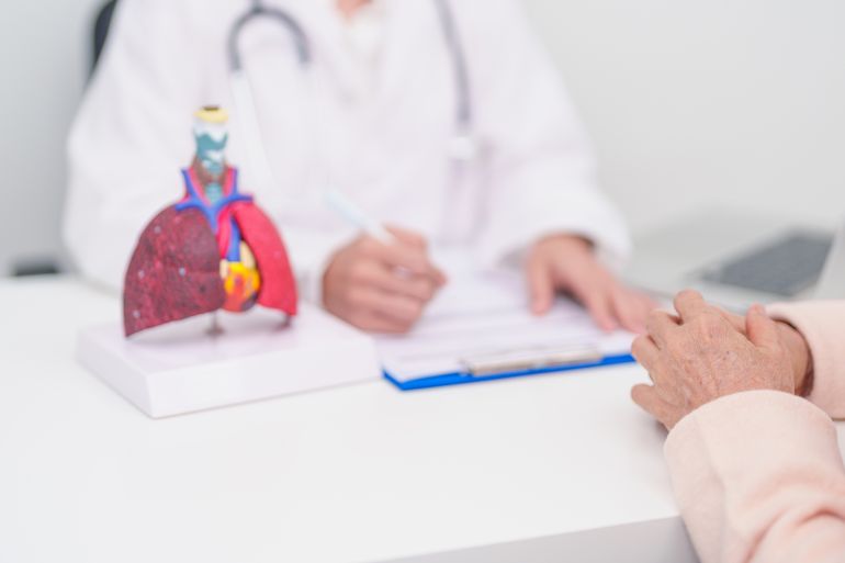 Doctor with Respiratory system. Elderly Patient consultation medical health for Lung Cancer, Asthma, Chronic Obstructive Pulmonary, Bronchitis, Emphysema, Cystic Fibrosis, Bronchiectasis, Pneumonia; Shutterstock ID 2686965433; purchase_order: aj; job: ; client: ; other: