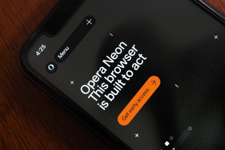 Quito, ECUADOR - Oct 6 2025 : Smartphone screen showing Opera Neon website. Opera Neon is an AI-powered browser by Opera with a visually immersive, intuitive interface.