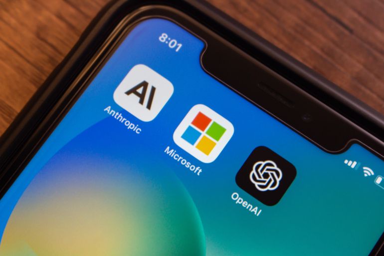 Mexico City, MEXICO - Sep 15 2025 : Close-up of a smartphone displaying apps from leading AI companies (Anthropic, Microsoft, and OpenAI), highlighting the rise of artificial intelligence.