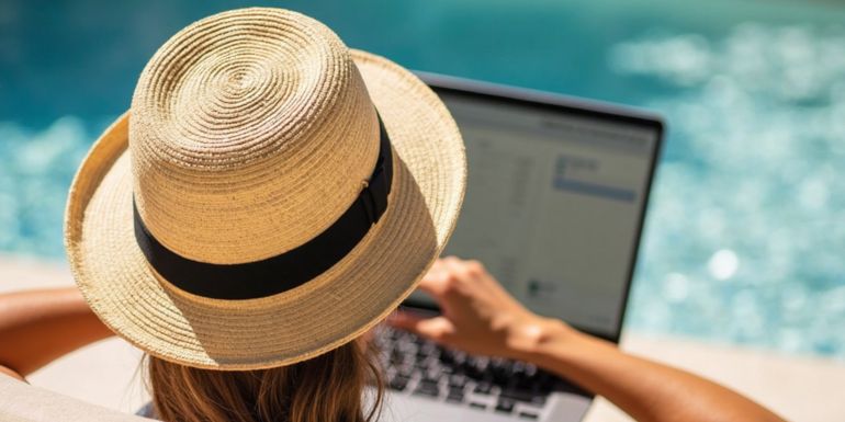 Lifestyle business background.Working anywhere concept and the future work lifestyle with people wearing sunglasses working on laptops by the pool