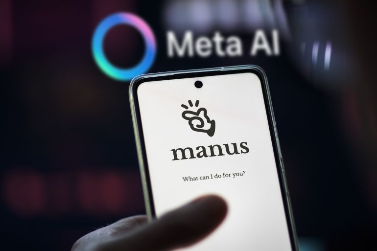 Manus AI agents application with Meta AI blurred logo in the background.