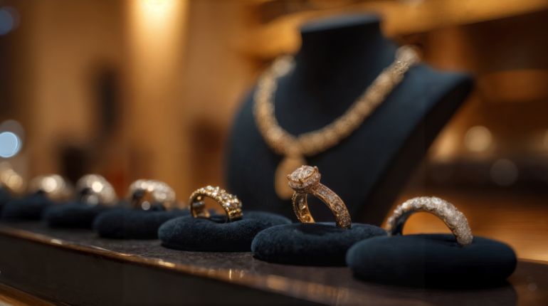 luxury jewelry store display and diamond engagement ring in center and gold band with small diamonds