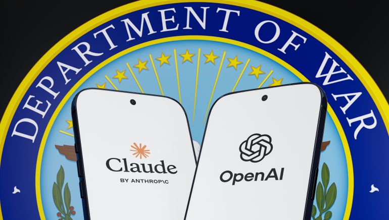 US Department of War Seal with Claude and OpenAI Logos on Smartphones, AI Military Partnership, Defense Contract, Classified Deployment, Strategic Alliance