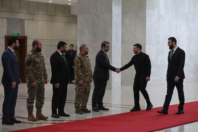 syr-ukr-tr-3-1775408805 DAMASCUS, SYRIA - APRIL 5: Syrian President Ahmad Al-Sharaa (R) welcomes Ukrainian President Volodymyr Zelenskyy (2nd R) in Damascus, Syria, on April 5, 2026. (Photo by Izz Aldien Alqasem/Anadolu via Getty Images)