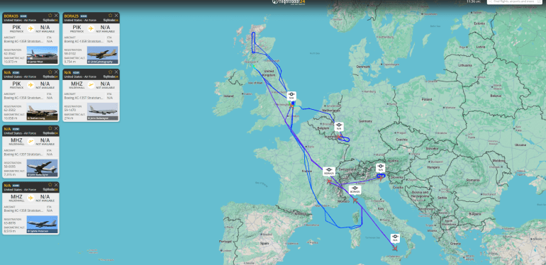 بيانات ملاحية لطائرات التزود بالوقود من بريطانيا باتجاه الشرق الأوسط (فلايت رادار)