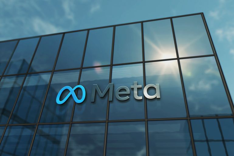 Menlo Park, USA, May 5, 2023: Meta corporation headquarters glass building concept. Metaverse facebook virtual reality network company symbol on front facade 3d illustration.