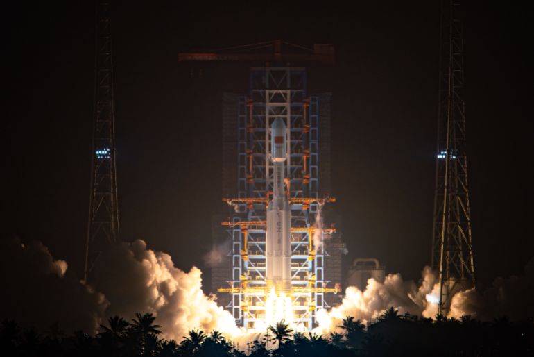 WENCHANG, CHINA - APRIL 07: A Long March-8A carrier rocket carrying 18 internet satellite blasts off from the Hainan commercial spacecraft launch site on April 7, 2026 in Wenchang, Hainan Province of China. It successfully placed the payloads, the 7th batch of networking satellites for the Qianfan Constellation, into preset orbit. (Photo by VCG/VCG via Getty Images)