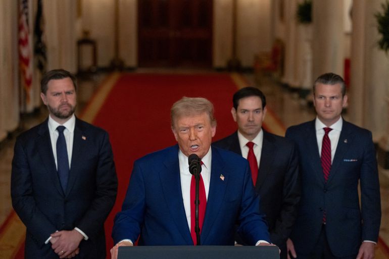 U.S. President Donald Trump delivers an address to the nation alongside U.S. Vice President JD Vance, U.S. Secretary of State Marco Rubio and U.S. Defense Secretary Pete Hegseth at the White House in Washington, D.C., U.S. June 21, 2025, following U.S. strikes on Iran's nuclear facilities. REUTERS/Carlos Barria/Pool