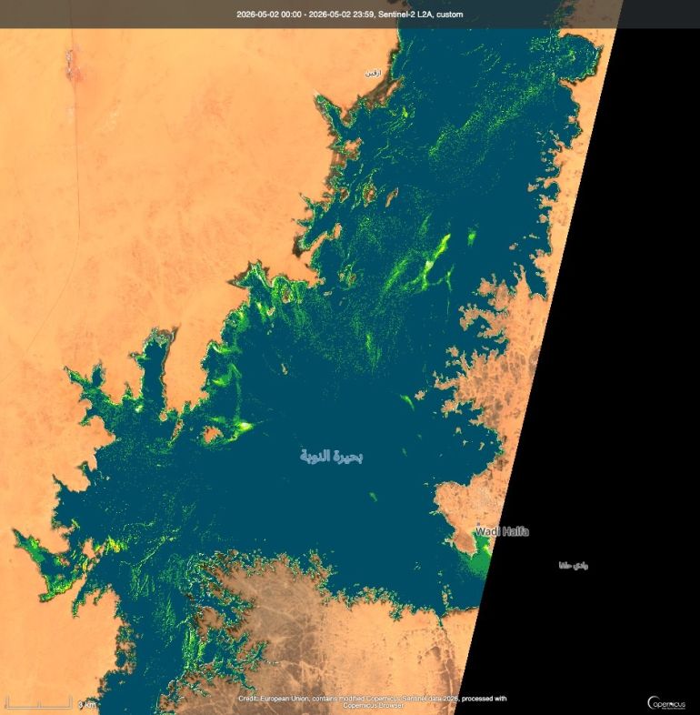 صور فضائية تظهر ظهور ملوثات خضراء على مسطح بحيرة النوبة شمالي السودان ( سينتنال-2)