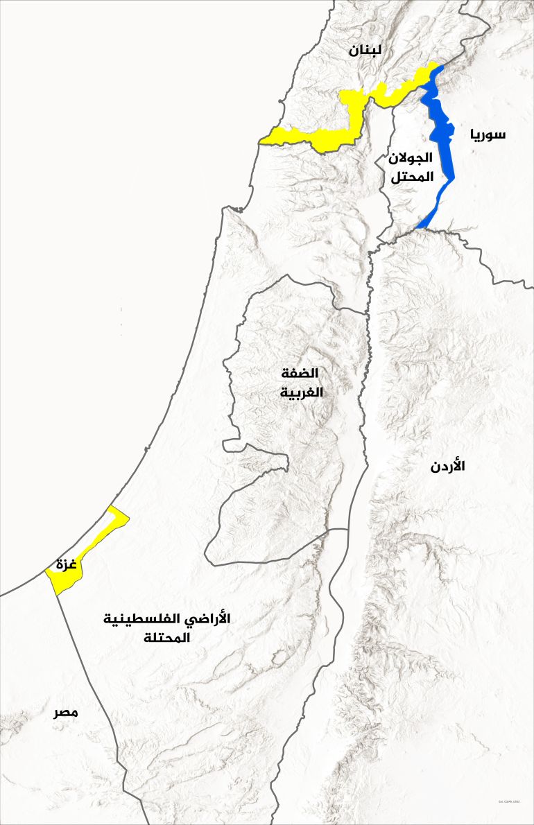 حدود الخط الأصفر في غزة وجنوب لبنان ومناطق السيطرة العسكرية الإسرائيلية في جنوب سوريا (الجزيرة)