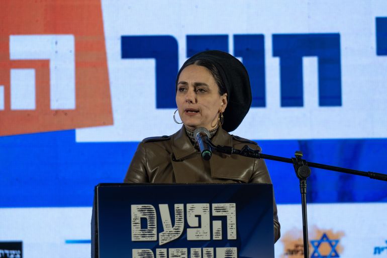 JERUSALEM - FEBRUARY 27: Israeli politician and Knesset member Limor Son Har-Melech makes a speech during a demonstration as far-right Israelis gather on Jaffa Street and march towards Prime Minister Binyamin Netanyahu's residence demanding the occupation of Gaza and a return to war to destroy Hamas, in West Jerusalem on February 27, 2025. (Photo by Mostafa Alkharouf/Anadolu via Getty Images)