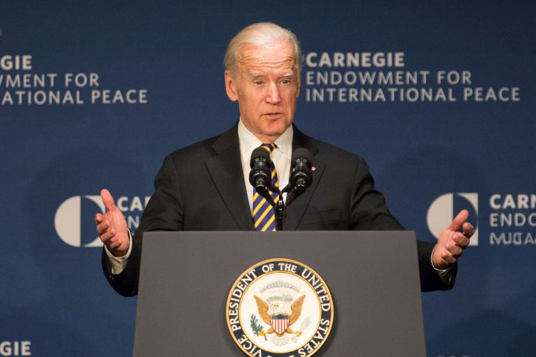 5437643-1778136952-1 US Vice President Joe Biden gestures as he speaks about the Obama Administration's achievements in dealing with nuclear weapons and outlines nuclear issues that face the incoming presidential administration at the Carnegie Endowment for International Peace in Washington DC on January 11, 2017. (Photo by CHRIS KLEPONIS / AFP) (Photo by CHRIS KLEPONIS/AFP via Getty Images)
