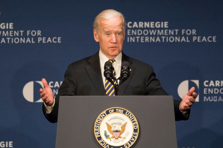 5437643-1778136952 US Vice President Joe Biden gestures as he speaks about the Obama Administration's achievements in dealing with nuclear weapons and outlines nuclear issues that face the incoming presidential administration at the Carnegie Endowment for International Peace in Washington DC on January 11, 2017. (Photo by CHRIS KLEPONIS / AFP) (Photo by CHRIS KLEPONIS/AFP via Getty Images)
