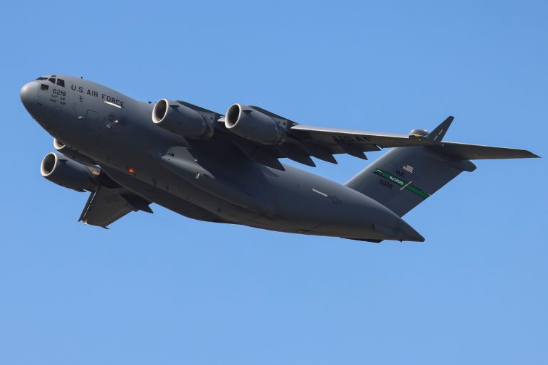 Boeing C-17 Globemaster III a large military transport aircraft of the United States Air Force USAF departs from Amsterdam Schiphol Airport AMS. The specific airplane has the registration tail number 10-0218 and is powered by 4x PW jet engines. The McDonnell Douglas / Boeing C-17 Globemaster III is performs tactical and strategic airlift missions, transporting troops and cargo throughout the world, while on the specific appearance on the Dutch city it transported supplies for the US participation in NATO summit in the Hague including the presidential helicopter Marine One and the Presidential state car known as The Beast. Amsterdam, the Netherlands on June 21, 2025 (Photo by Nicolas Economou/NurPhoto via Getty Images)