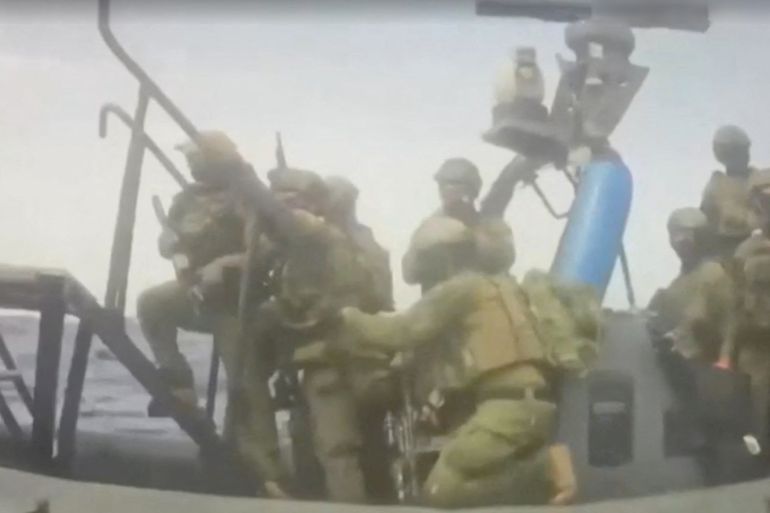 54d1-1779094399 An Israeli naval boat intercepts the Global Sumud Flotilla en route to Gaza, in an attempt to deliver aid, at sea May 18, 2026, in this screengrab taken from a handout video. Global Sumud Flotilla/Handout via REUTERS THIS IMAGE HAS BEEN SUPPLIED BY A THIRD PARTY. NO RESALES. NO ARCHIVES. MANDATORY CREDIT.