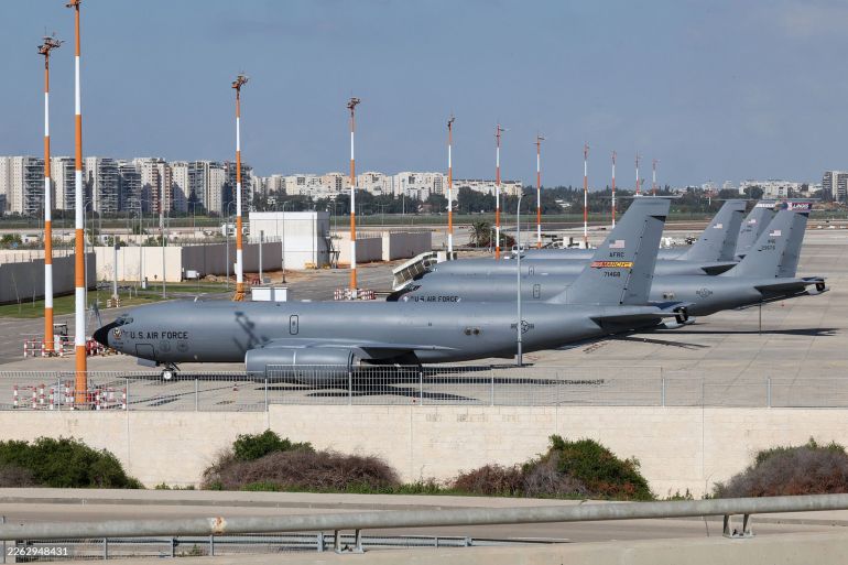 US Air Force military aircrafts are seen parked on the tarmac of the Ben Gurion airport near Tel Aviv on February 25, 2026. (Photo by Jack GUEZ / AFP via Getty Images)