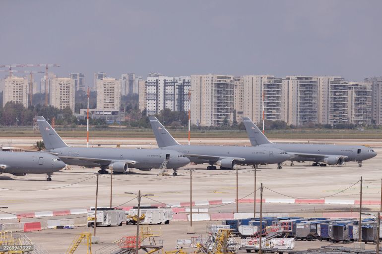 Multiple US Air Force Boeing KC-46 Pegasus tanker transport planes at Ben Gurion Airport following its re-opening in Tel Aviv, Israel, on Thursday, April 9, 2026. Iran could withdraw from the agreement if Israel keeps up its Lebanon campaign, according to the semi-official Tasnim news agency. Photographer: Kobi Wolf/Bloomberg via Getty Images