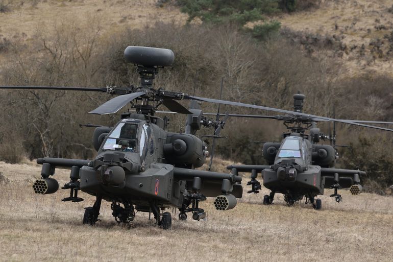 6yrthfg-1774439623 HOHENFELS, GERMANY - MARCH 12: Boeing AH-64 Apache attack helicopters of the U.S. Army 12th Combat Aviation Brigade participate in the Allied Spirit 25 military exercise at the U.S. 7th Army Training Command Joint Multinational Readiness Center on March 12, 2025 near Hohenfels, Germany. Approximately 3,000 troops from NATO member countries, including the United States, Austria, the Czech Republic, France, Hungary, Italy, Spain, Latvia, Lithuania, North Macedonia, Slovakia, Slovenia and the United Kingdom, are participating in the four-week exercise with the aim of improving interoperability. European countries have pledged large-scale defence spending following doubts cast by the administration of U.S. President Donald Trump on the future of the U.S. commitment to the NATO military alliance. (Photo by Sean Gallup/Getty Images)