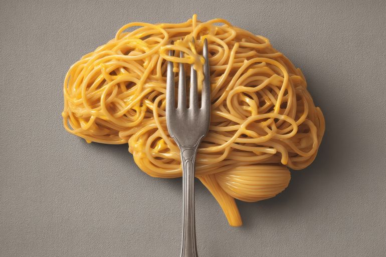 Spaghetti arranged in the shape of a human brain, with a fork inserted, showing creative culinary concept, with the brain food concept on a grey background. by whitestorm ادوبي ستوك