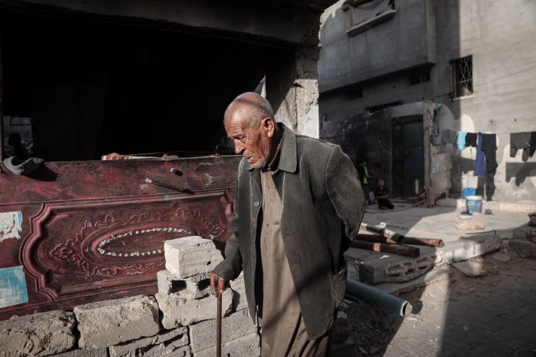 Abdel Mahdi al-Wuheidi says he has fallen over the rubble around his house in Jabalia, northern Gaza [Abdelhakim Abu Riash/Al Jazeera]