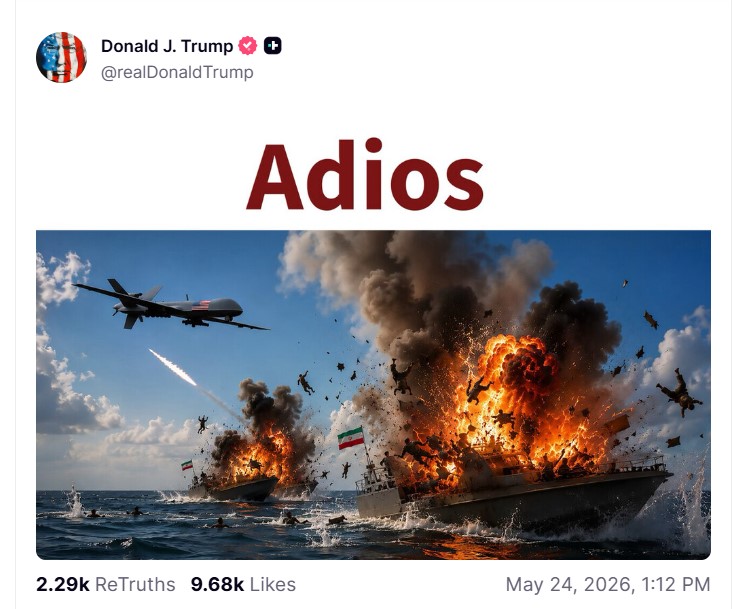 adios-1779632240 الرئيس الأمريكي دونالد ترمب ينشر صورة مولدة بالذكاء الاصطناعي على موقع "تروث سوشيال" لمقاتلة تقصف سفينة مع عبارة "وادعا".