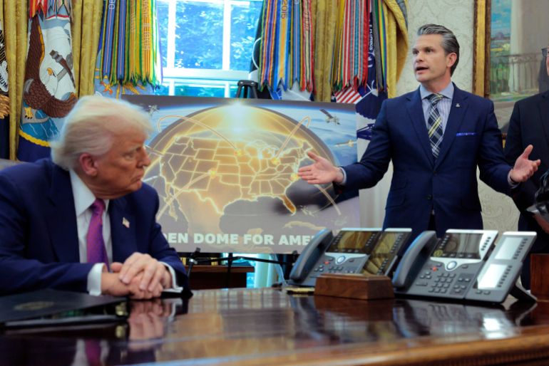WASHINGTON, DC - MAY 20: U.S. Secretary of Defense Pete Hegseth speaks alongside President Donald Trump in the Oval Office at the White House on May 20, 2025 in Washington, DC. President Trump announced his plans for the "Golden Dome," a national ballistic and cruise missile defense system. Chip Somodevilla/Getty Images/AFP (Photo by CHIP SOMODEVILLA / GETTY IMAGES NORTH AMERICA / Getty Images via AFP)