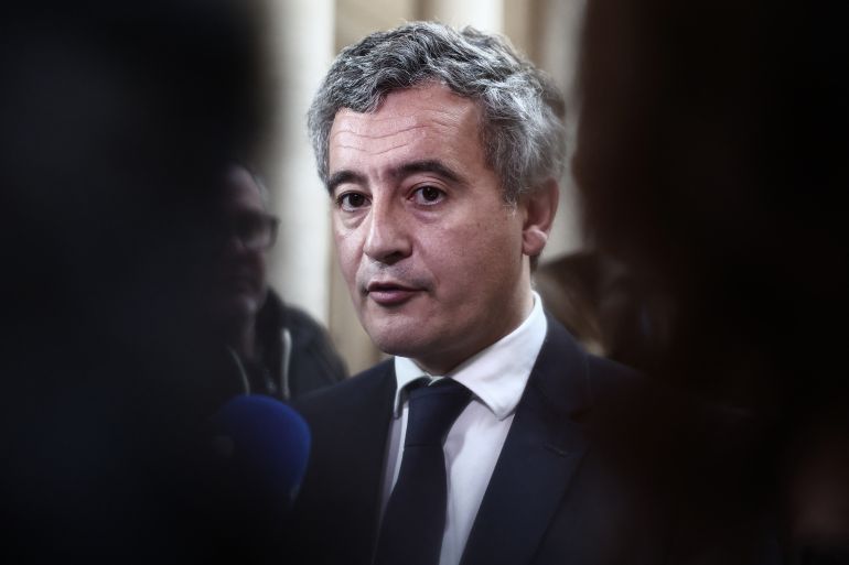 French Minister of Justice Gerald Darmanin speaks to press as he leaves the Court of Appeal after a visit focused on criminal hearings in Aix-en-Provence on February 9, 2026. (Photo by Thibaud MORITZ / AFP)
