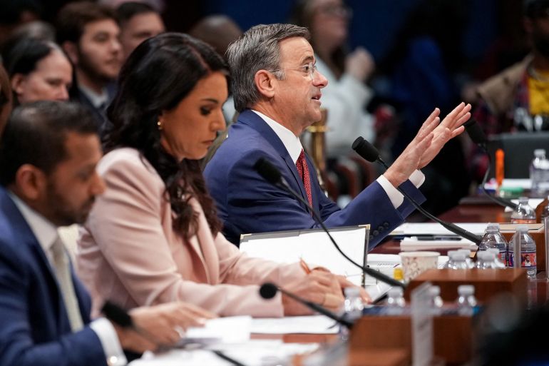 WASHINGTON, DC - MARCH 19: (L-R) Federal Bureau of Investigation (FBI) Director Kash Patel, U.S. Director of National Intelligence Tulsi Gabbard and CIA Director John L. Ratcliffe testify during a House Select Intelligence Committee hearing on March 19, 2026 in Washington, DC. The hearing was held to assess worldwide threats in 2026. Andrew Harnik/Getty Images/AFP (Photo by Andrew Harnik / GETTY IMAGES NORTH AMERICA / Getty Images via AFP)
